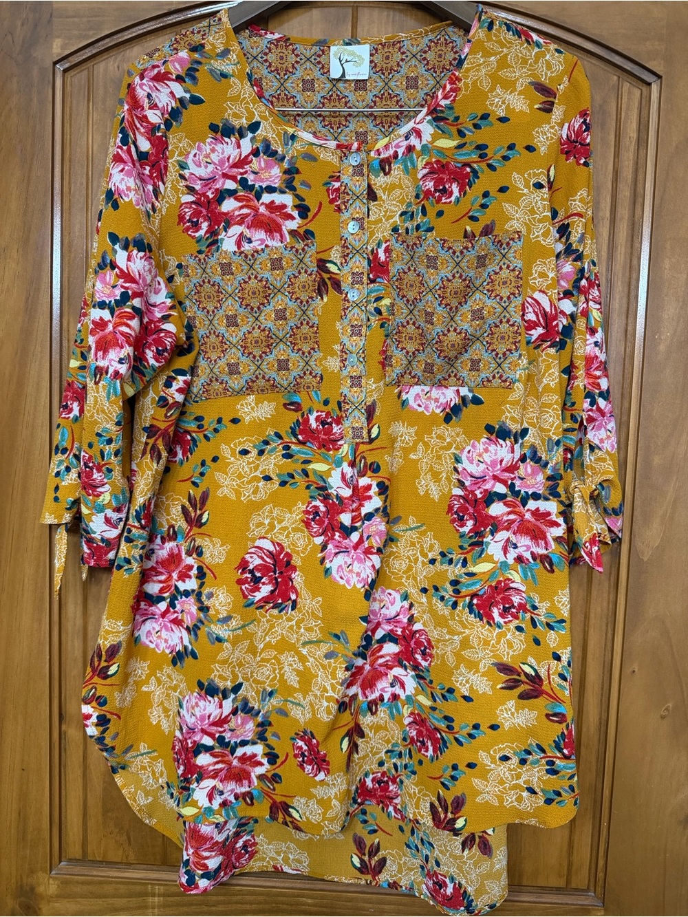Fig & Flower Mustard Yellow Floral Boho Tunic Top
